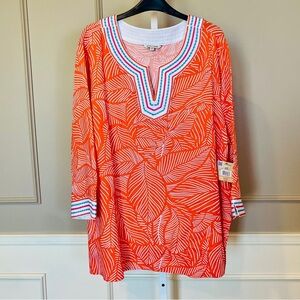 John Mark NWT Split Neck 3X Orange Coral Embroidered Tunic Island Dreaming